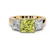 3 Stone Engagement Ring Setting for Fancy Yellow Princess Cut Center with Raised Basket Heads and Prong Head in Yellow Gold