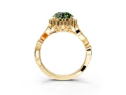 Halo Engagement Ring Setting for Fancy Green Round Cut Center with Leaf Motif Split Shank and Prong Head in Yellow Gold