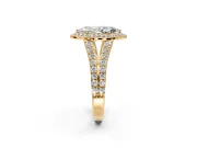 Halo Engagement Ring Setting for Marquise Center with Narrow Pave Split Shank and Prong Head in Yellow Gold