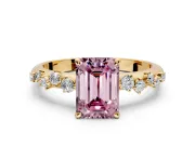 Cluster Engagement Ring Setting for Fancy Pink Emerald Cut Center with Round Cut Accent Band and Prong Head in Yellow Gold