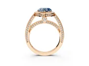 Halo Engagement Ring Setting for Fancy Blue Heart-Shaped Center with Framed Halo, Pave Band and Prong Head in Rose Gold