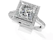 Halo Engagement Ring Setting for Princess Cut Center with Pave Accents, Heart Basket and Prong Head in White Gold