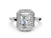 Halo Engagement Ring Setting for Radiant Cut Center with Plain Tapered Band and Prong Head in Platinum