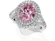 Double Halo Engagement Ring Setting for Fancy Pink Oval Center with Narrow Pave Split Shank and Prong Head in Platinum