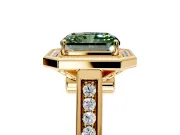 Halo Engagement Ring Setting for Fancy Green Emerald Cut Center with Outer Bezel Rim, Pave Band and Prong Head in Yellow Gold
