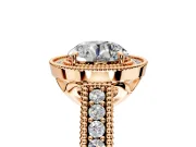 Milgrain Halo Engagement Ring Setting for Round Cut Center with Pave Band and Prong Head in Rose Gold