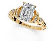 Solitaire Engagement Ring Setting for Emerald Cut Center with Filigree Band and Prong Head in Yellow Gold