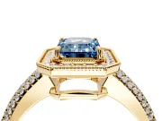 Milgrain Halo Engagement Ring Setting for Fancy Blue Emerald Cut Center with Three-Sided Pave Band and Prong Head in Yellow Gold