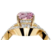 Halo Engagement Ring Setting for Fancy Pink Cushion Cut Center with Pave Infinity Twist Band and Prong Head in Yellow Gold