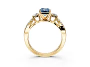 3 Stone Engagement Ring Setting for Fancy Blue Emerald Cut Center with Pave Split Shank and Prong Head in Yellow Gold