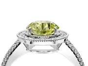 Milgrain Halo Engagement Ring Setting for Fancy Yellow Round Cut Center with Three-Sided Pave Band and Prong Head in White Gold