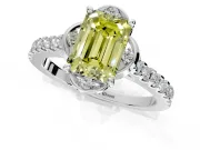 Floral Engagement Ring Setting for Fancy Yellow Emerald Cut Center with Pave Band and Floral Prong Head in White Gold