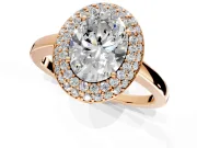 Halo Engagement Ring Setting for Oval Center with Plain Tapered Band and Prong Head in Rose Gold