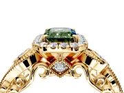 Milgrain Halo Engagement Ring Setting for Fancy Green Emerald Cut Center with Shoulder Bezels and Prong Head in Yellow Gold