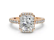 Halo Engagement Ring Setting for Radiant Cut Center with Full Pave Band and Prong Head in Rose Gold