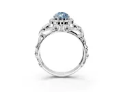 Halo Engagement Ring Setting for Fancy Blue Pear-Shaped Center with Open Scroll Shoulders and Prong Head in White Gold