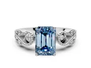 Leaf Engagement Ring Setting for Fancy Blue Emerald Cut Center with Milgrain Accent Band and Prong Head in Sterling Silver
