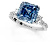 3 Stone Engagement Ring Setting for Fancy Blue Asscher Cut Center with Round Cut Side Accents and Prong Head in Platinum
