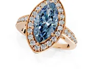 Bezel-Framed Halo Engagement Ring Setting for Fancy Blue Marquise Center with Pave Band and Prong Head in Rose Gold