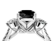 3 Stone Engagement Ring Setting for Fancy Black Cushion Cut Center with Crossover Basket, Pave Band and Prong Head in Platinum