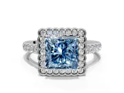 Milgrain Floral Halo Engagement Ring Setting for Fancy Blue Princess Cut Center with Pave Band and Prong Head in White Gold