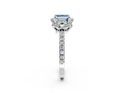 Halo Engagement Ring Setting for Fancy Blue Asscher Cut Center with Openwork Halo, Pave Band and Prong Head in Platinum