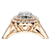 Double Halo Engagement Ring Setting for Emerald Cut Center with Narrow Pave Split Shank and Prong Head in Rose Gold