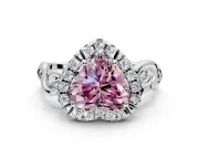 Halo Engagement Ring Setting for Fancy Pink Heart-Shaped Center with Open Scroll Shoulders and Prong Head in White Gold