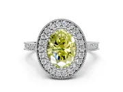 Halo Engagement Ring Setting for Fancy Yellow Oval Center with Milgrain Frame, Pave Band and Prong Head in Platinum