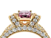 Pave Engagement Ring Setting for Fancy Pink Emerald Cut Center with Curved Accent Rows, Openwork and Prong Head in Yellow Gold
