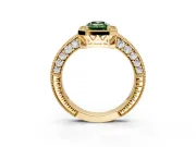 Milgrain Halo Engagement Ring Setting for Fancy Green Emerald Cut Center with Wide Pave Band and Prong Head in Yellow Gold