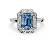Halo Engagement Ring Setting for Fancy Blue Emerald Cut Center with Plain Tapered Band and Prong Head in Sterling Silver