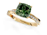 Side Accent Engagement Ring Setting for Fancy Green Cushion Cut Center with Accent Shoulders and Prong Head in Yellow Gold