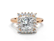 Starburst Halo Engagement Ring Setting for Princess Cut Center with Thin Round-Wire Band and Prong Head in Rose Gold
