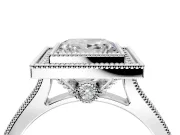 Halo Engagement Ring Setting for Princess Cut Center with Milgrain Pave Band and Bezel Head in Sterling Silver