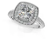Milgrain Halo Engagement Ring Setting for Cushion Cut Center with Three-Sided Pave Band and Prong Head in Sterling Silver