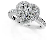 Halo Engagement Ring Setting for Heart-Shaped Center with Heart-Shaped Openwork, Pave Band and Prong Head in Platinum