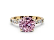Baguette Engagement Ring Setting for Fancy Pink Round Cut Center with Alternating Bar-Set Band and Prong Head in Yellow Gold