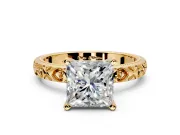 Solitaire Engagement Ring Setting for Princess Cut Center with XO Engraved Band and Prong Head in Yellow Gold