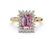 Starburst Halo Engagement Ring Setting for Fancy Pink Emerald Cut Center with Thin Round-Wire Band and Prong Head in Yellow Gold