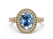Halo Engagement Ring Setting for Fancy Blue Oval Center with Milgrain Halo, Pave Band and Prong Head in Yellow Gold