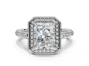 Milgrain Halo Engagement Ring Setting for Radiant Cut Center with Three-Sided Pave Band and Prong Head in White Gold