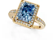 Halo Engagement Ring Setting for Fancy Blue Radiant Cut Center with Metal-Rimmed Halo, Pave Band and Prong Head in Yellow Gold
