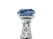 3 Stone Engagement Ring Setting for Fancy Blue Asscher Cut Center with Pave Split Shank and Prong Head in Platinum