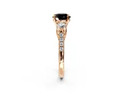 3 Stone Engagement Ring Setting for Fancy Black Round Cut Center with Crossover Basket, Pave Band and Prong Head in Rose Gold