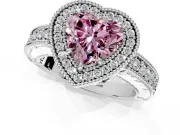 Milgrain Halo Engagement Ring Setting for Fancy Pink Heart-Shaped Center with Pave Band and Prong Head in Platinum