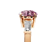 3 Stone Engagement Ring Setting for Fancy Pink Round Cut Center with Baguette Accents and Prong Head in Rose Gold