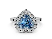 Halo Engagement Ring Setting for Fancy Blue Heart-Shaped Center with Thin Plain Band and Prong Head in Sterling Silver