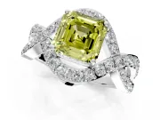 Halo Engagement Ring Setting for Fancy Yellow Asscher Cut Center with Pave Infinity Twist Band and Prong Head in White Gold