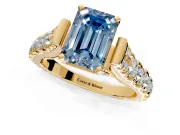 Solitaire Engagement Ring Setting for Fancy Blue Emerald Cut Center with Pave Cathedral Shoulders and Prong Head in Yellow Gold